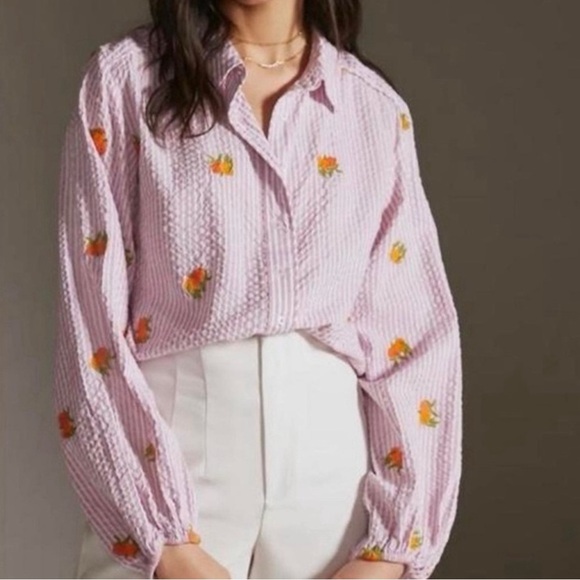 Anthropologie Maeve Pink Seersucker
Embroidered orange Bishop Sleeve, size large - Picture 2 of 13